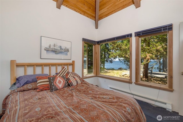 30 Smugglers Rowe, Henry Island, WA 98250 - carpeted bedroom featuring baseboard heating, wood ceiling, and a water view