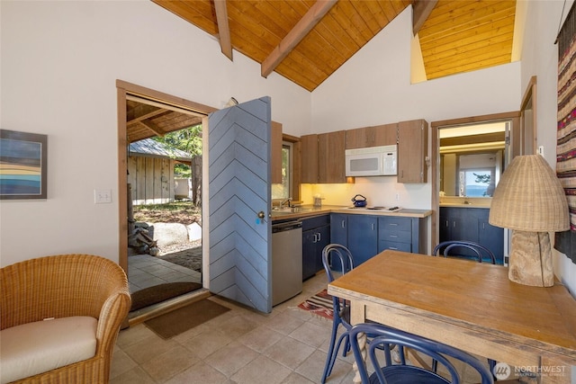 30 Smugglers Rowe, Henry Island, WA 98250 - kitchen featuring white appliances, beam ceiling, a sink, high vaulted ceiling, and wood ceiling