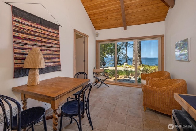 30 Smugglers Rowe, Henry Island, WA 98250 - tiled dining room featuring wood ceiling, lofted ceiling, and a water view