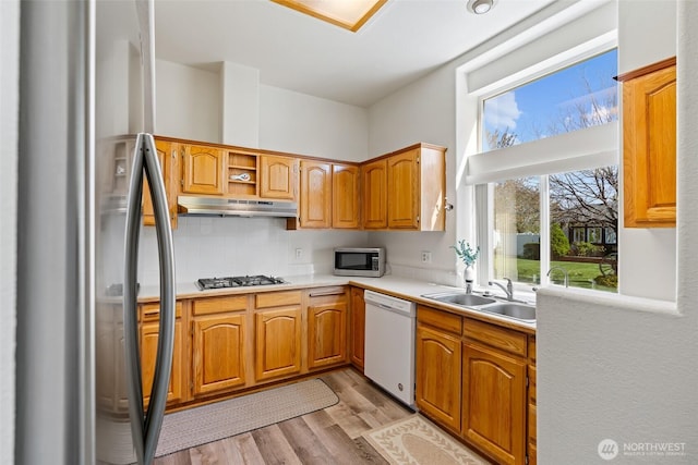 kitchen featuring light wood-style floors, light countertops, under cabinet range hood, a sink, and appliances with stainless steel finishes