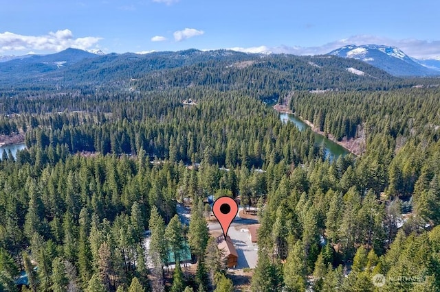 birds eye view of property featuring a view of trees and a water and mountain view