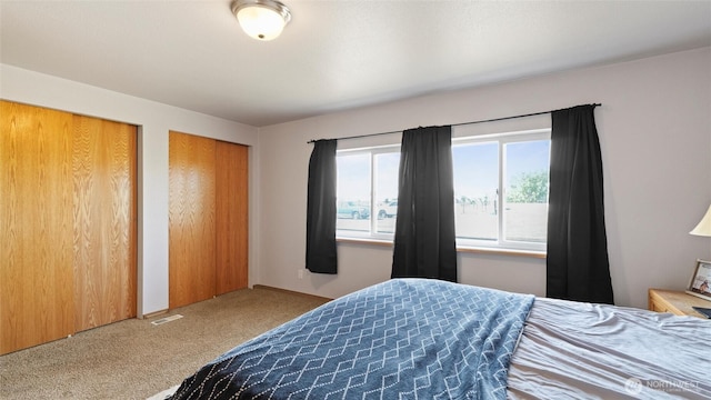 bedroom with carpet floors, two closets, visible vents, and multiple windows
