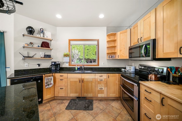 kitchen featuring a sink, stainless steel appliances, open shelves, recessed lighting, and light brown cabinets