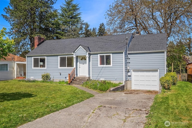 ranch-style house with a garage, a front yard, entry steps, a chimney, and driveway