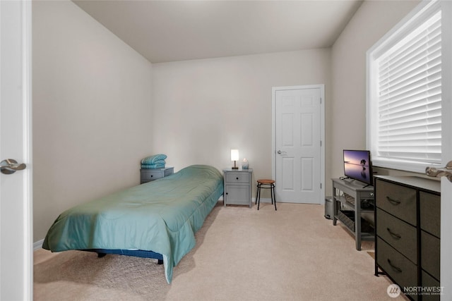 bedroom with light colored carpet