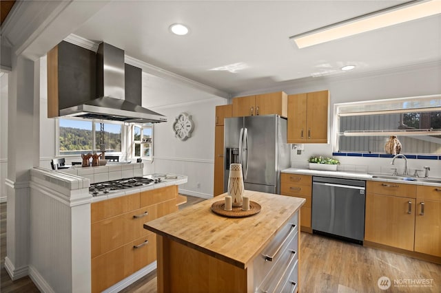 7295 Navajo Trl NE, Bremerton, WA 98311 - kitchen with stainless steel appliances, wall chimney exhaust hood, a sink, crown molding, and light wood-style floors