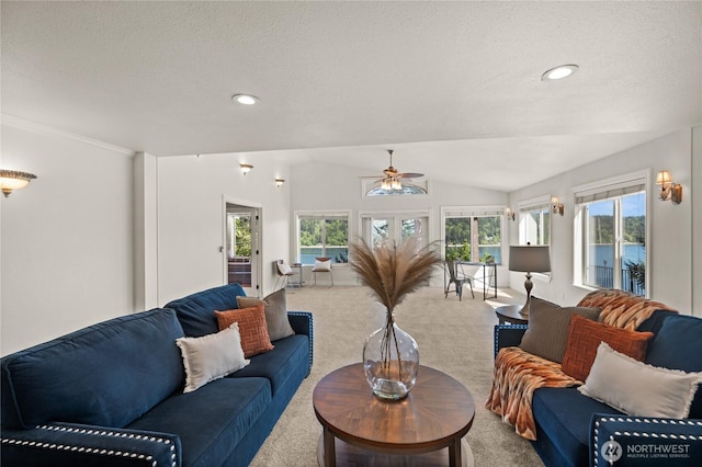7295 Navajo Trl NE, Bremerton, WA 98311 - living area with carpet floors, ceiling fan, plenty of natural light, a textured ceiling, and recessed lighting
