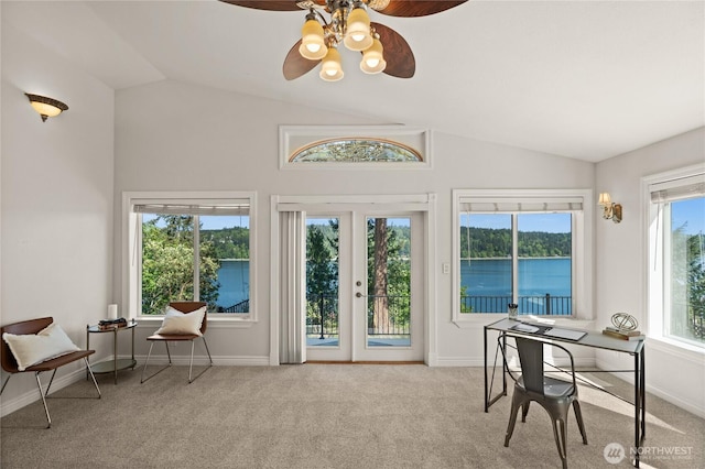 7295 Navajo Trl NE, Bremerton, WA 98311 - office area featuring vaulted ceiling, ceiling fan, carpet floors, baseboards, and a water view