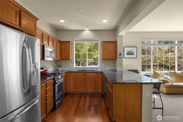 kitchen with appliances with stainless steel finishes, a sink, a peninsula, dark stone counters, and open floor plan