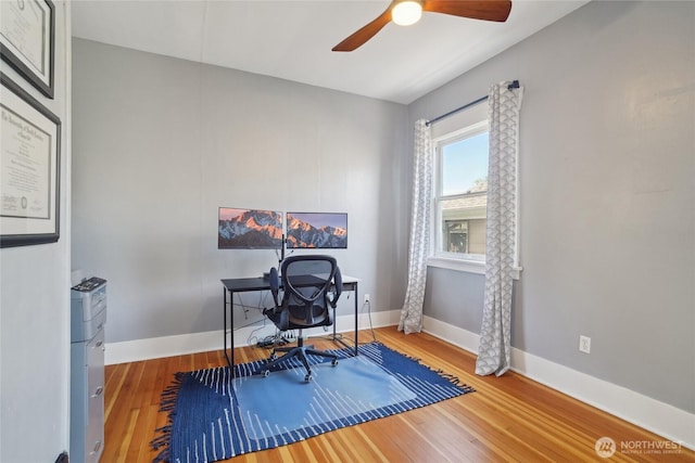 office featuring ceiling fan, wood finished floors, and baseboards