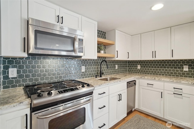 kitchen featuring stainless steel appliances, a sink, open shelves, white cabinets, and decorative backsplash