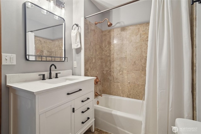 full bath featuring shower / tub combo and vanity
