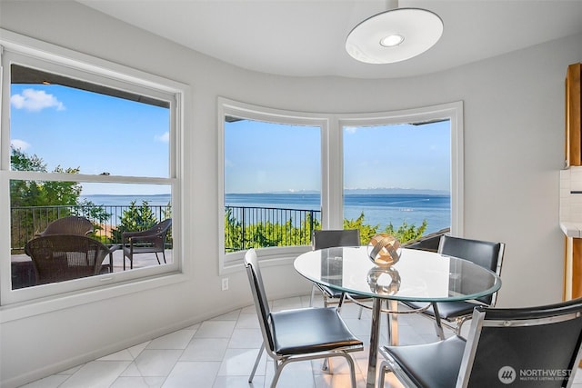dining area with a water view and a wealth of natural light