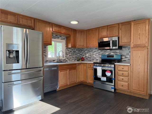 2021 Mahan Ave Unit E3, Richland, WA 99354 - kitchen featuring dark wood-style floors, light countertops, a sink, backsplash, and stainless steel appliances