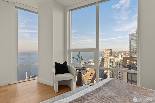 121 Stewart St Unit 2807, Seattle, WA 98101 - bedroom with wood finished floors, multiple windows, a water view, a view of city, and a wall of windows