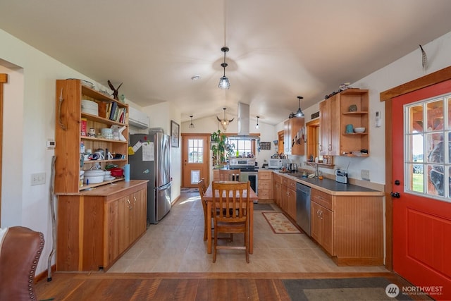 kitchen with open shelves, a sink, lofted ceiling, stainless steel appliances, and extractor fan