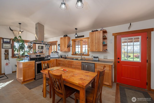 kitchen featuring island exhaust hood, open shelves, a sink, light countertops, and stainless steel appliances