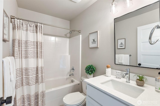 bathroom with toilet, shower / bathtub combination with curtain, and vanity
