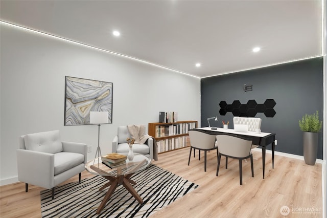 home office featuring light wood-style flooring, recessed lighting, and baseboards