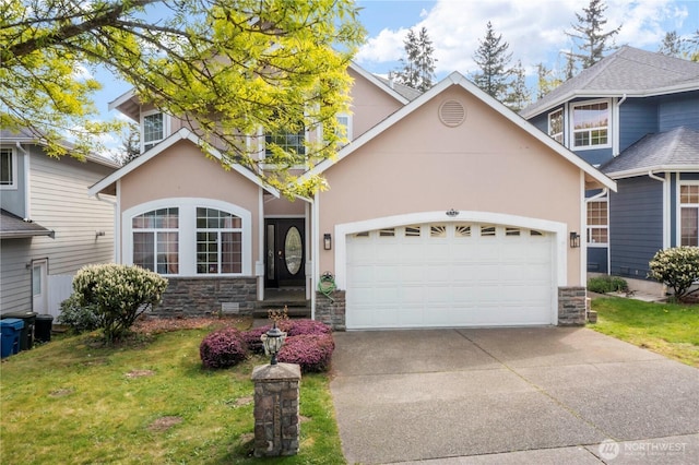traditional-style house featuring concrete driveway, a garage, stucco siding, and stone siding