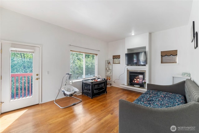 living area featuring wood finished floors, baseboards, and a glass covered fireplace