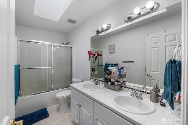 full bath with a sink, a skylight, toilet, and visible vents