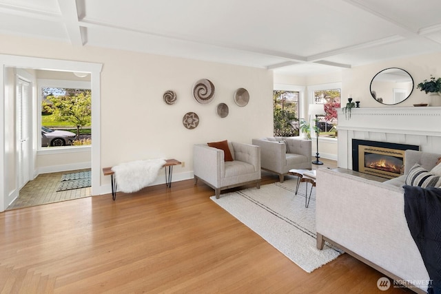 living room featuring plenty of natural light, light wood finished floors, and coffered ceiling
