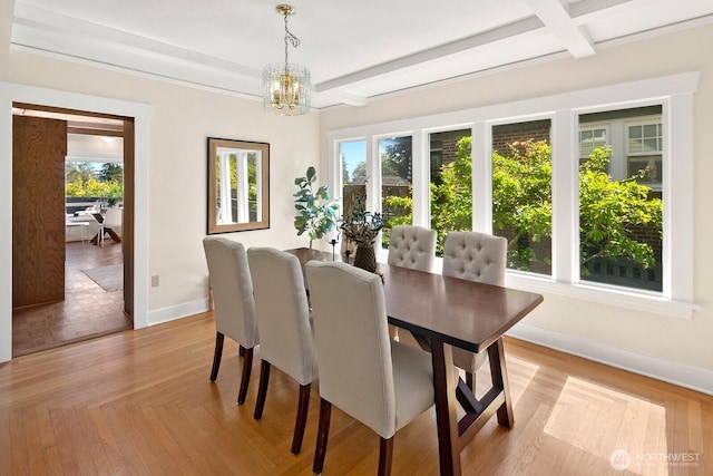 dining space with baseboards, beam ceiling, a notable chandelier, and a wealth of natural light