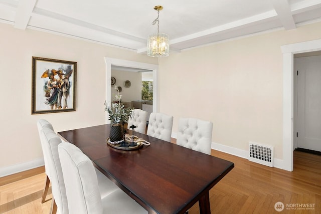 dining room featuring baseboards, a notable chandelier, beam ceiling, and visible vents