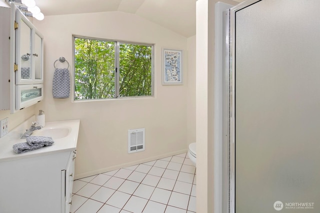 full bathroom featuring vanity, lofted ceiling, toilet, baseboards, and a stall shower