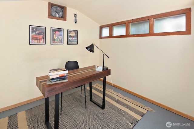 office with baseboards and vaulted ceiling