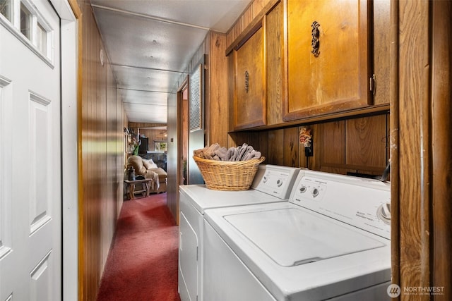 51 N Old Mill Hill Rd, Hoodsport, WA 98548 - laundry area featuring cabinet space, dark carpet, washer and dryer, and wooden walls