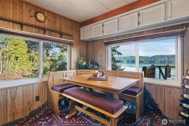 51 N Old Mill Hill Rd, Hoodsport, WA 98548 - dining area featuring wood walls, plenty of natural light, and a water view