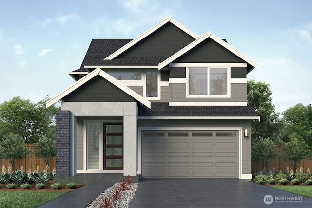 craftsman-style house featuring fence, concrete driveway, a shingled roof, and an attached garage