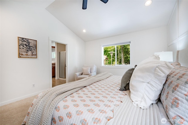 carpeted bedroom with recessed lighting, baseboards, ceiling fan, and lofted ceiling