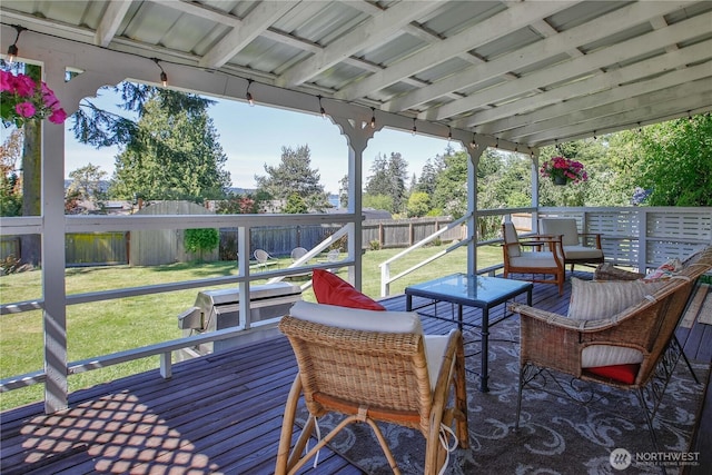 3276 E Harbor Rd, Langley, WA 98260 - wooden terrace with outdoor lounge area, a yard, and a fenced backyard