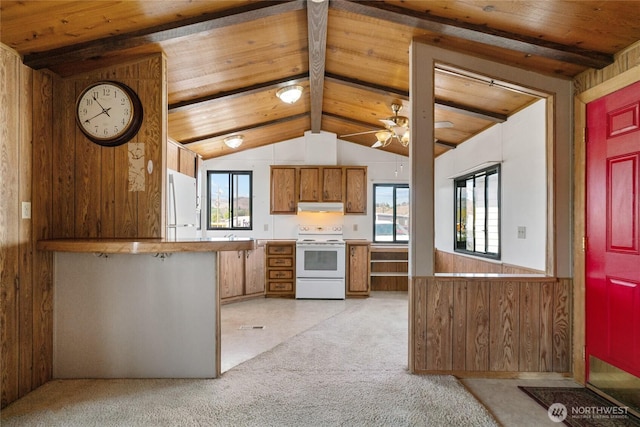 kitchen with brown cabinetry, ceiling fan, a wealth of natural light, and white appliances
