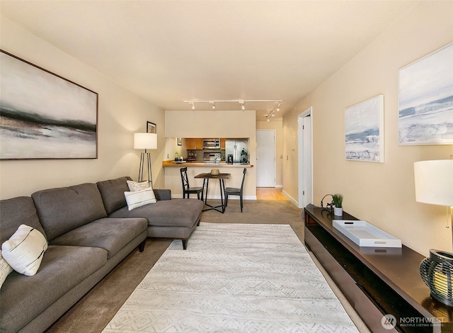 living room featuring track lighting