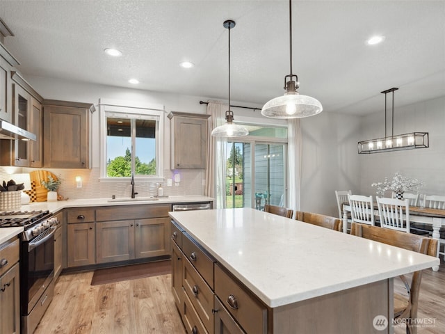 904 E Tanoak Ave, La Center, WA 98629 - kitchen with a sink, stainless steel range with gas stovetop, light wood-type flooring, a kitchen bar, and decorative backsplash