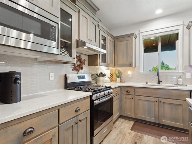 904 E Tanoak Ave, La Center, WA 98629 - kitchen with stainless steel appliances, a sink, under cabinet range hood, light wood-type flooring, and tasteful backsplash