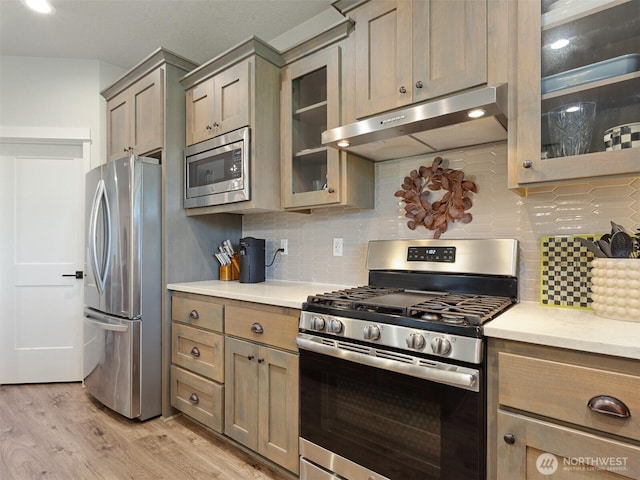 904 E Tanoak Ave, La Center, WA 98629 - kitchen featuring appliances with stainless steel finishes, under cabinet range hood, light wood-style flooring, and light countertops
