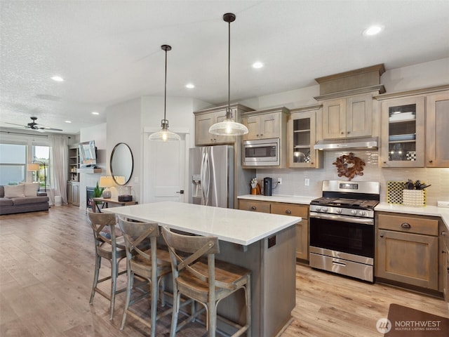 904 E Tanoak Ave, La Center, WA 98629 - kitchen featuring appliances with stainless steel finishes, under cabinet range hood, a kitchen bar, open floor plan, and a ceiling fan