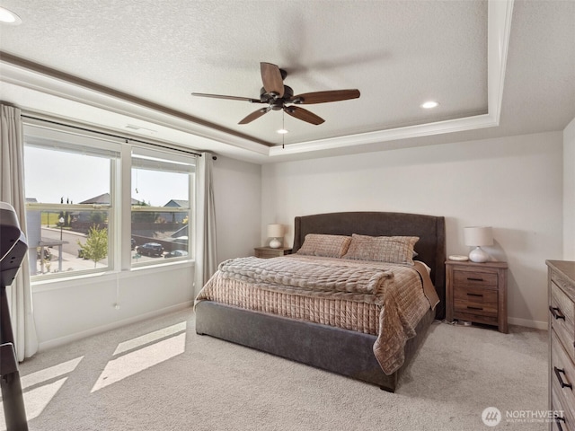 904 E Tanoak Ave, La Center, WA 98629 - bedroom with a raised ceiling, light carpet, baseboards, recessed lighting, and ceiling fan