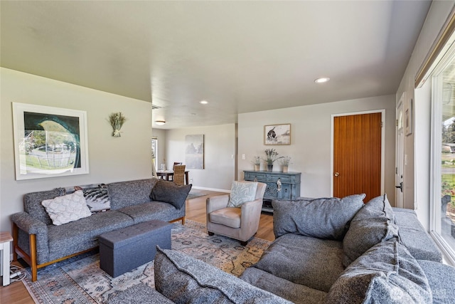 living area featuring wood finished floors and recessed lighting