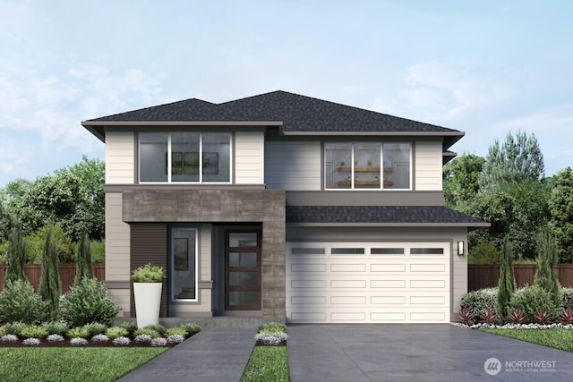 view of front of house featuring an attached garage, roof with shingles, fence, and concrete driveway