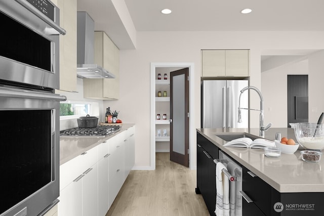 kitchen featuring wall chimney range hood, modern cabinets, a sink, light countertops, and stainless steel appliances