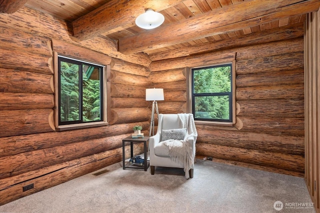 1321 E Smith Rd, Bellingham, WA 98226 - living area featuring wooden ceiling, beam ceiling, carpet, and rustic walls