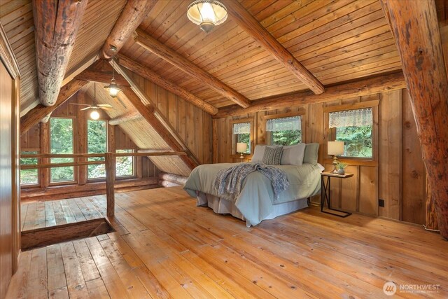 1321 E Smith Rd, Bellingham, WA 98226 - bedroom with hardwood / wood-style floors, wood ceiling, and wooden walls