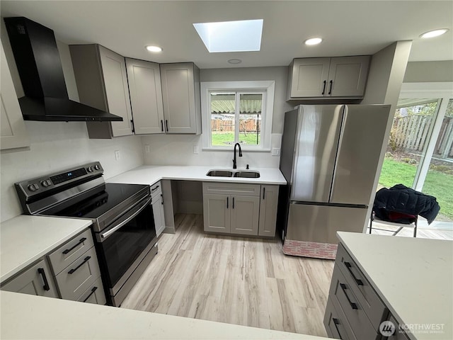 kitchen featuring wall chimney range hood, appliances with stainless steel finishes, gray cabinets, and a sink