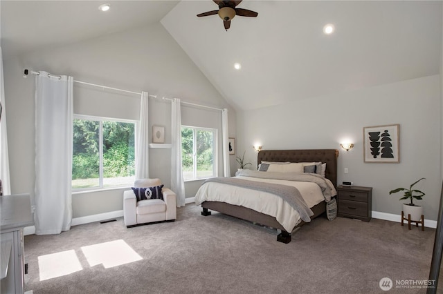 carpeted bedroom with recessed lighting, baseboards, high vaulted ceiling, and visible vents